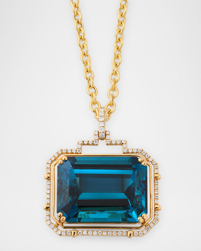 Gossip 18K Yellow Gold London Blue Topaz Emerald Cut Pendant Necklace with Diamonds